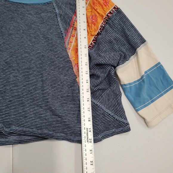 We the Free People Patchwork Raglan Shirt Womens Blue Striped Boho Cropped Tee - Picture 4 of 9